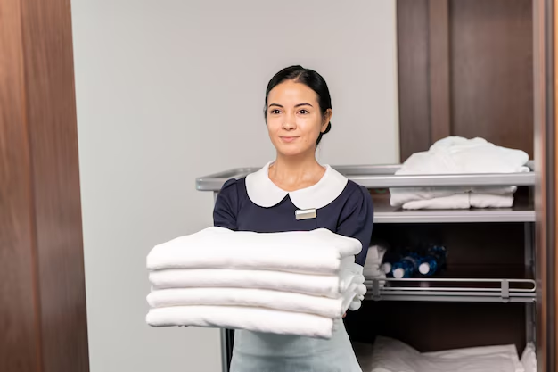 Smiling woman holding a stack of neatly folded clothes